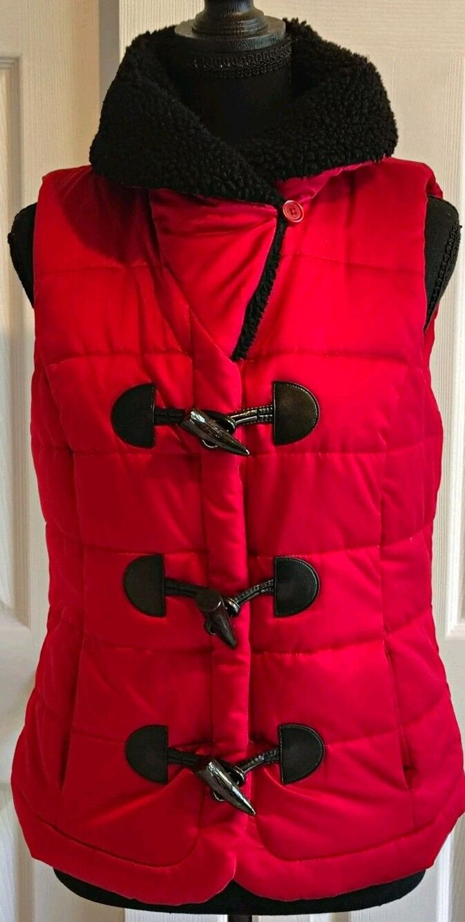 Lauren Ralph Lauren Womens XS Red Quilted Vest Black Collar Toggle Closures